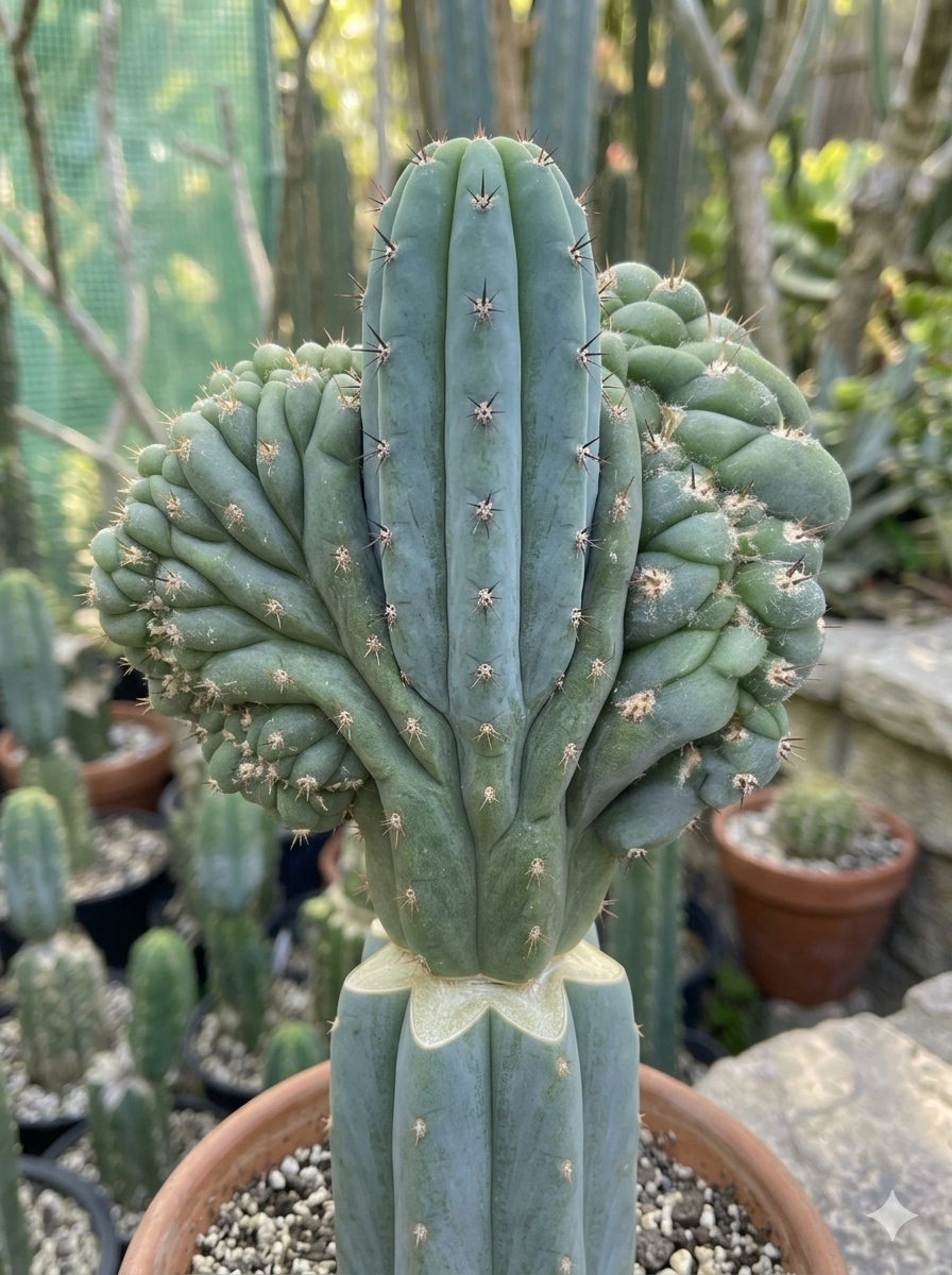 Photograph of a grafted Q-tip cactus with blue-green ribs and rounded side growth